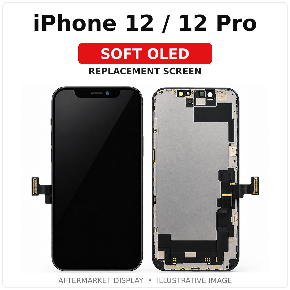 iPhone 12 / 12 Pro Soft OLED replacement screen, illustrated front and back with clearly labeled model; actual part appearance may vary