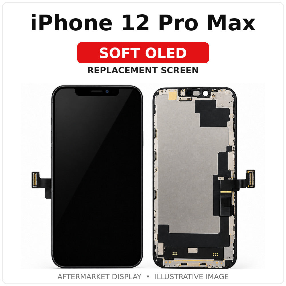 iPhone 12 Pro Max Soft OLED replacement screen, labeled illustration (not exact-part photography)