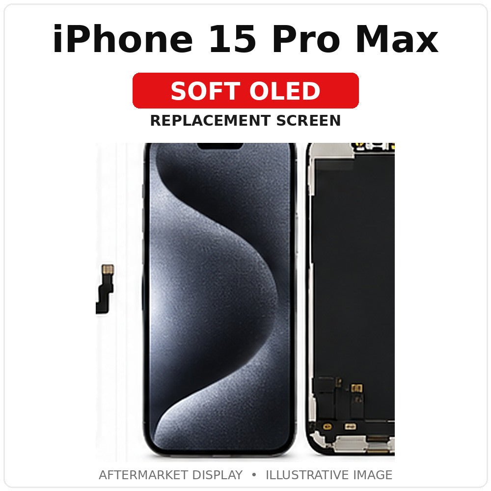 iPhone 15 Pro Max Soft OLED replacement screen, separate labeled product image, for illustration