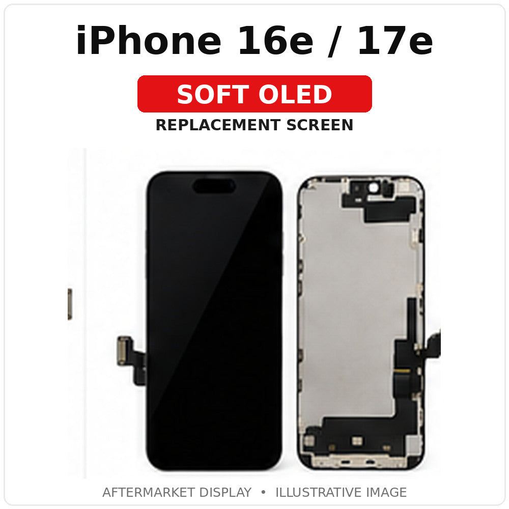 iPhone 16e / 17e Soft OLED replacement screen, separate labeled product image, for illustration