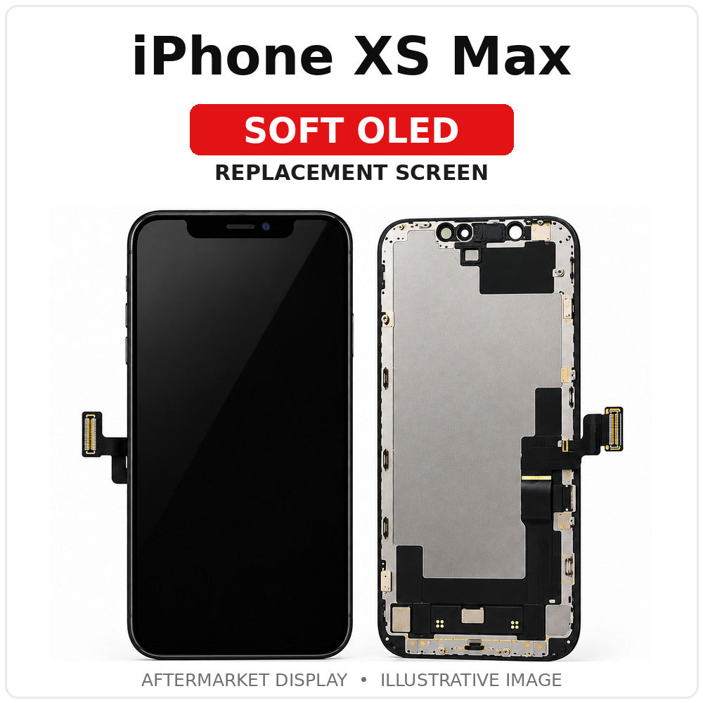 iPhone XS Max Soft OLED replacement screen, illustrated front and back with clearly labeled model; actual part appearance may vary