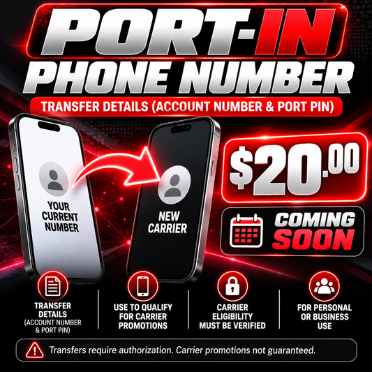 Port-in number transfer details service, $20 coming soon, promotional eligibility not guaranteed