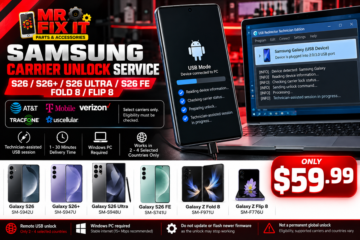 Illustrative remote USB carrier unlocking service, limited countries, Samsung S26 FE and supported S26 / Fold 8 / Flip 8 models