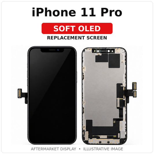 iPhone 11 Pro Soft OLED replacement screen, illustrated front and back with clearly labeled model; actual part appearance may vary