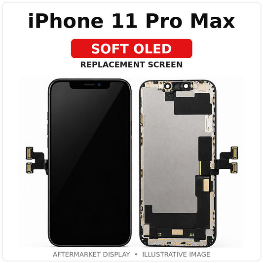 iPhone 11 Pro Max Soft OLED replacement screen, illustrated front and back with clearly labeled model; actual part appearance may vary