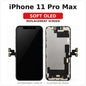 iPhone 11 Pro Max Soft OLED replacement screen, illustrated front and back with clearly labeled model; actual part appearance may vary