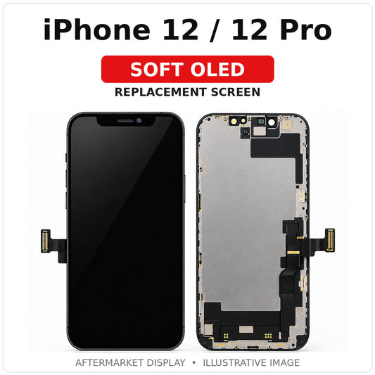 iPhone 12 / 12 Pro Soft OLED replacement screen, illustrated front and back with clearly labeled model; actual part appearance may vary