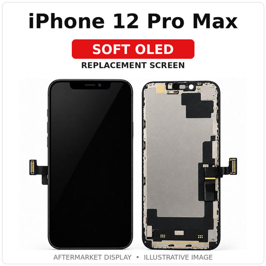 iPhone 12 Pro Max Soft OLED replacement screen, labeled illustration (not exact-part photography)