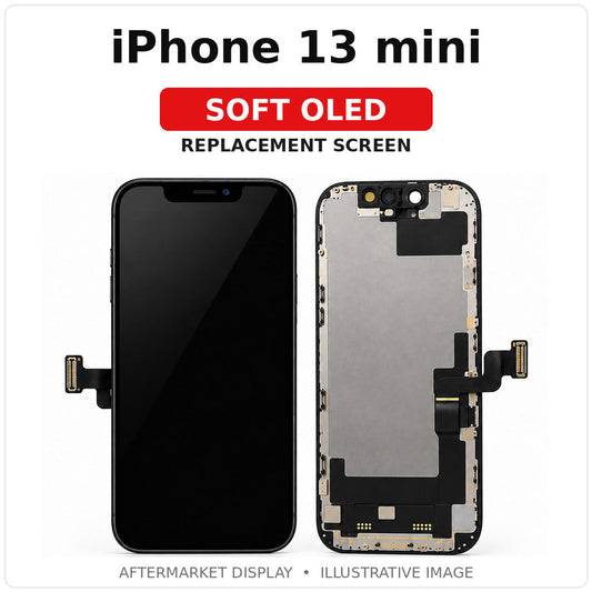 iPhone 13 mini Soft OLED replacement screen, labeled illustration (not exact-part photography)