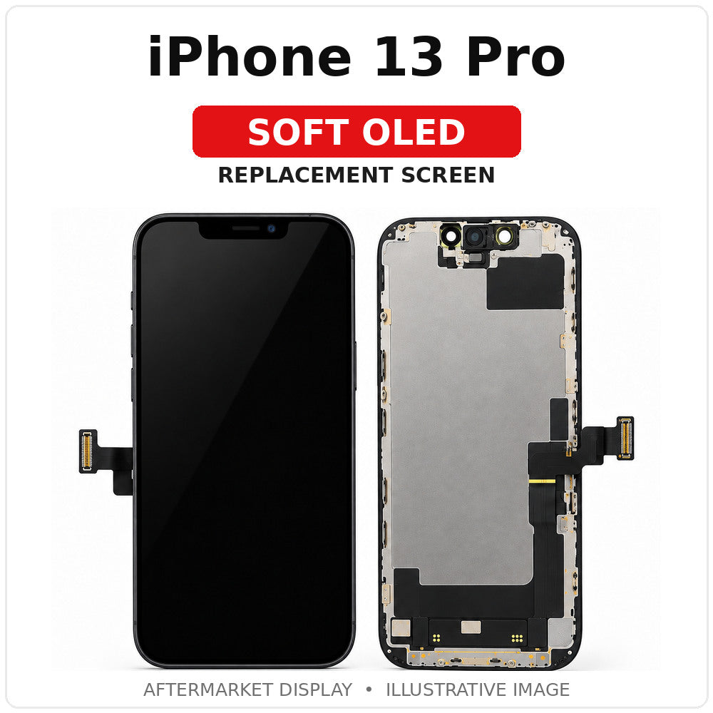 iPhone 13 Pro Soft OLED replacement screen, labeled illustration (not exact-part photography)