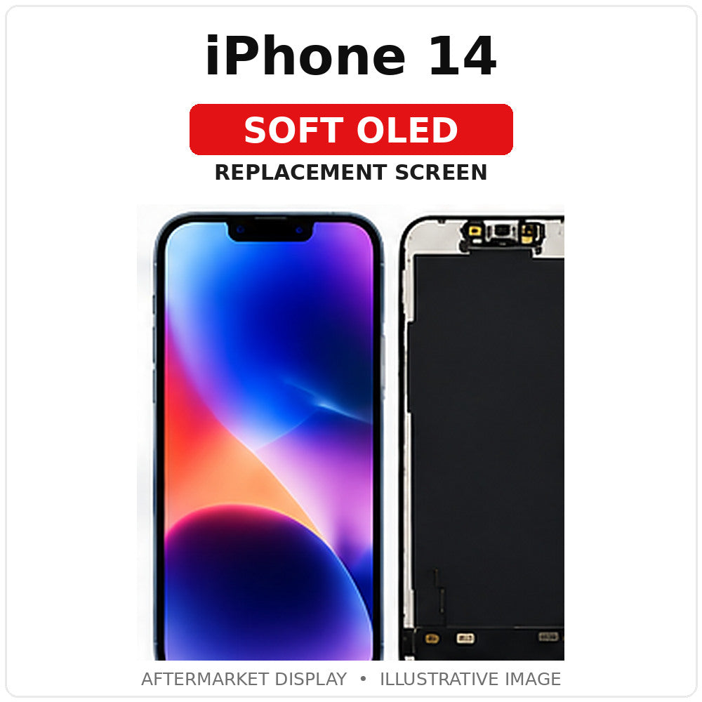 iPhone 14 Soft OLED replacement screen, illustrative product image showing model name