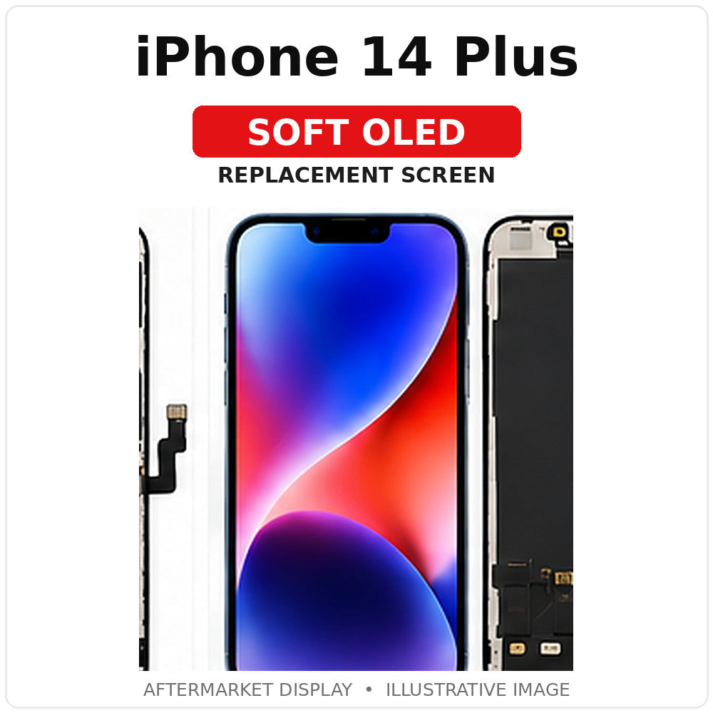 iPhone 14 Plus Soft OLED replacement screen, illustrative product image showing model name