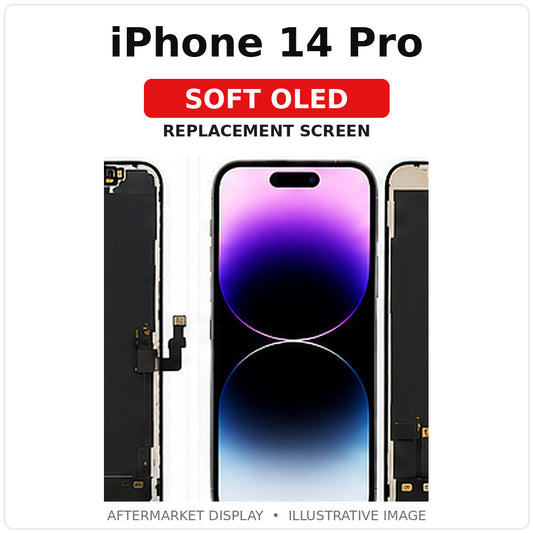 iPhone 14 Pro Soft OLED replacement screen, illustrative product image showing model name