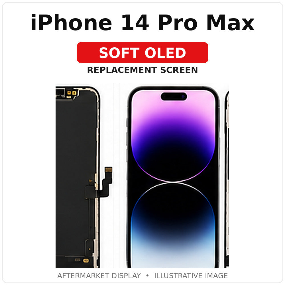 iPhone 14 Pro Max Soft OLED replacement screen with labeled model and illustrated front/rear