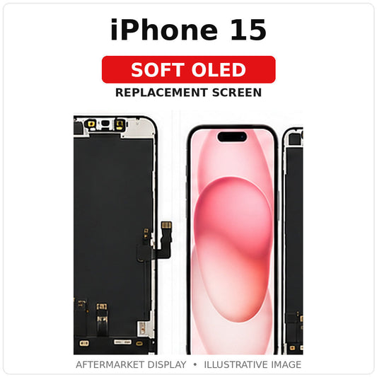 iPhone 15 Soft OLED replacement screen with labeled model and illustrated front/rear