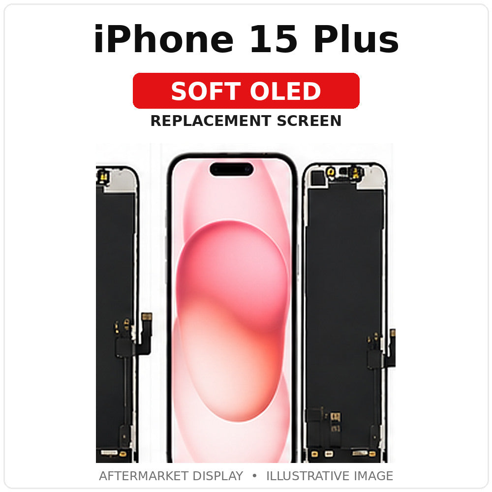 iPhone 15 Plus Soft OLED replacement screen with labeled model and illustrated front/rear