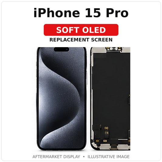 iPhone 15 Pro Soft OLED replacement screen with labeled model and illustrated front/rear