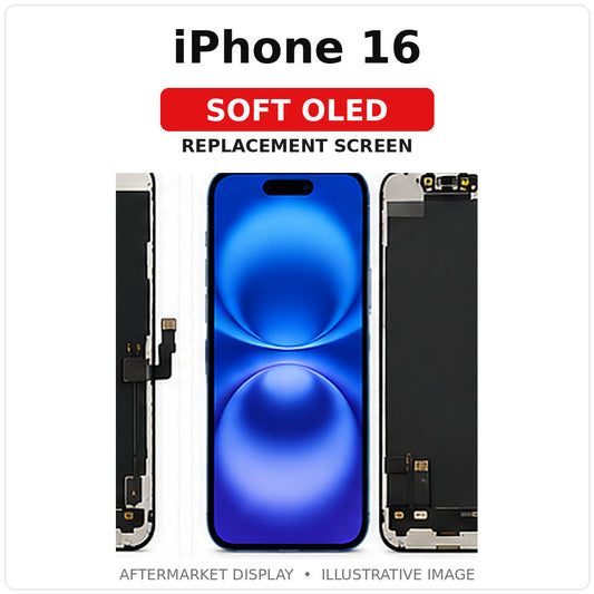 iPhone 16 Soft OLED replacement screen, separate labeled product image, for illustration
