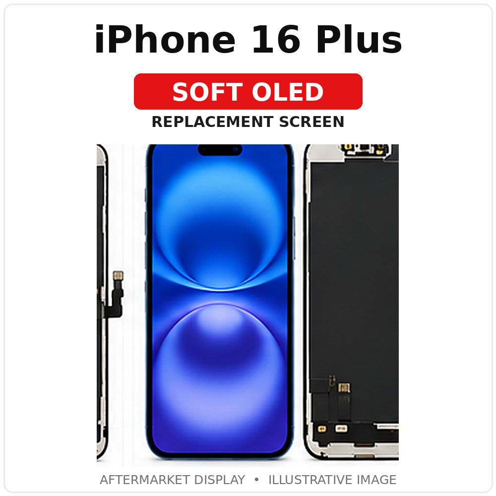 iPhone 16 Plus Soft OLED replacement screen, separate labeled product image, for illustration
