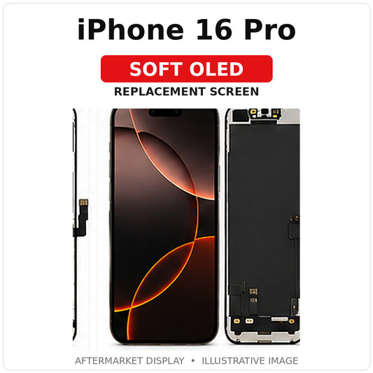 iPhone 16 Pro Soft OLED replacement screen with model-specific text and illustrative front/rear view