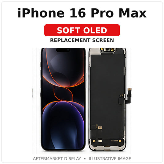 iPhone 16 Pro Max Soft OLED replacement screen with model-specific text and illustrative front/rear view