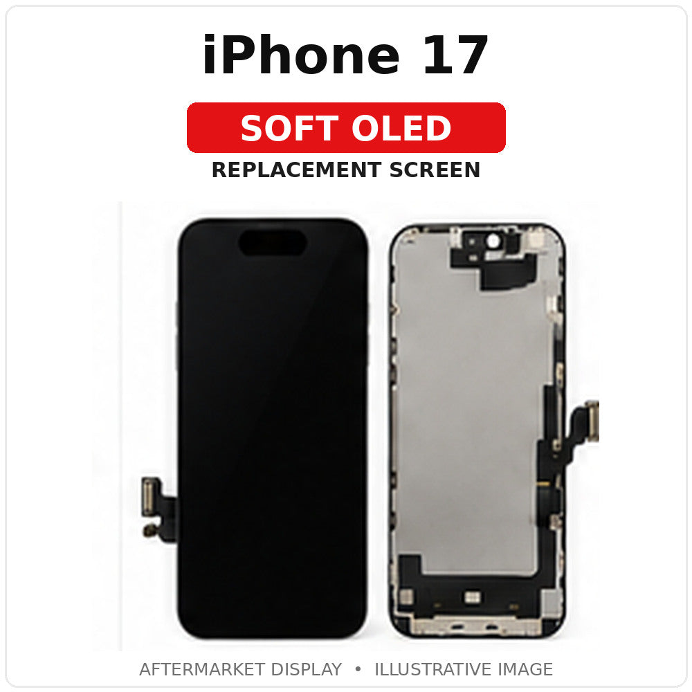 iPhone 17 Soft OLED replacement screen with model-specific text and illustrative front/rear view