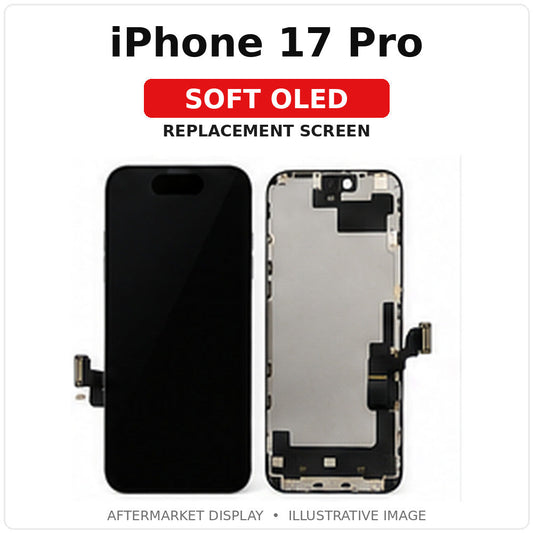 iPhone 17 Pro Soft OLED replacement screen with model-specific text and illustrative front/rear view
