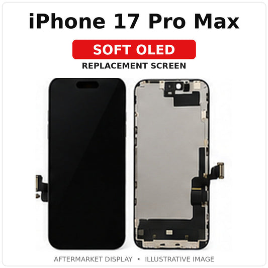 iPhone 17 Pro Max Soft OLED replacement screen, individual labeled illustration, not exact-part photo
