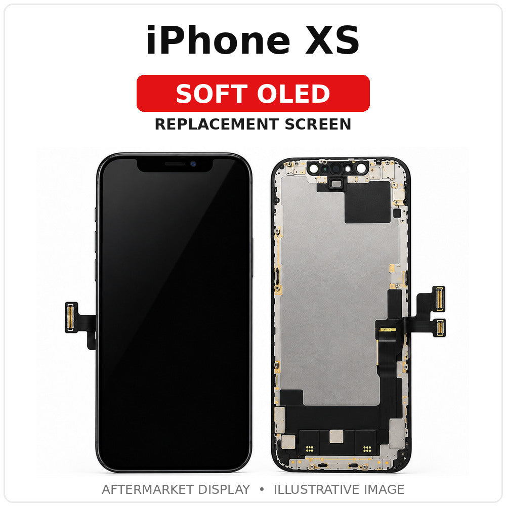 iPhone XS Soft OLED replacement screen, illustrated front and back with clearly labeled model; actual part appearance may vary