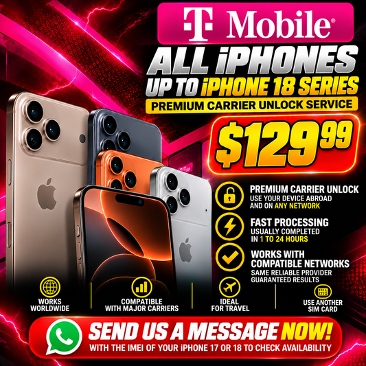 T-Mobile iPhone premium carrier unlock advertisement. $129.99; IMEI eligibility required.